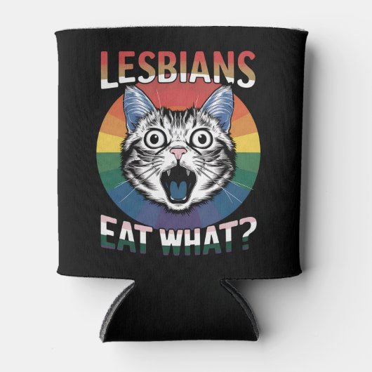 レズ食べビアズ猫ユーモアLGBTQプライド国旗 缶クーラー (正面)