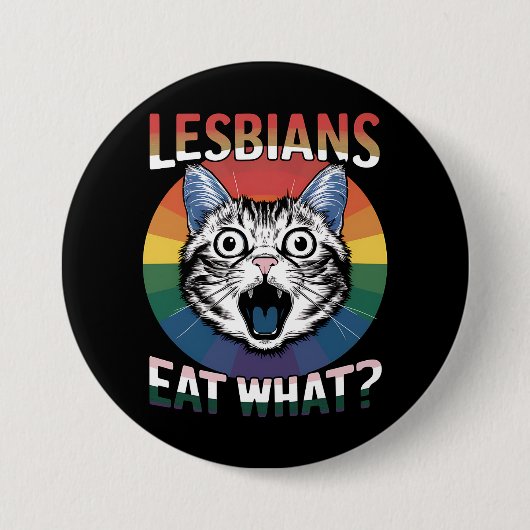 レズ食べビアズ猫ユーモアLGBTQプライド国旗 缶バッジ (正面)