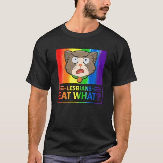 レズ食べビアズ猫ユーモアPun Lgbtqプライド国旗 Tシャツ (正面)