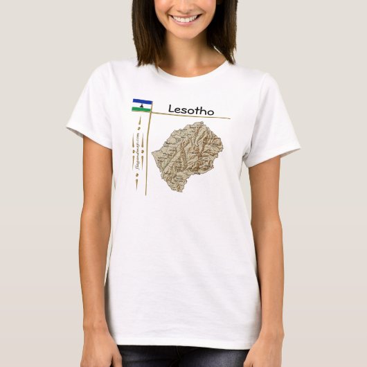 レソトの地図と国旗とタイトルTシャツ Tシャツ (正面)