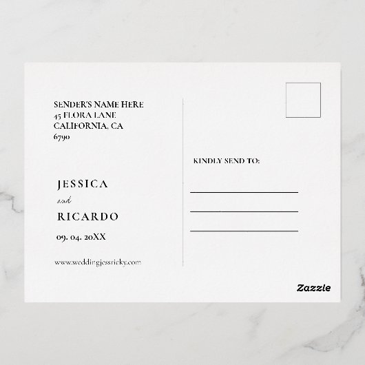 レタエレガントーはっきりしたフォトウェディング日付を保存 箔招待状ポストカード (裏面)