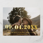 レタエレガントーはっきりしたフォトウェディング日付を保存 箔招待状ポストカード (正面)