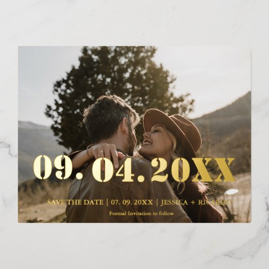 レタエレガントーはっきりしたフォトウェディング日付を保存 箔招待状ポストカード (正面)