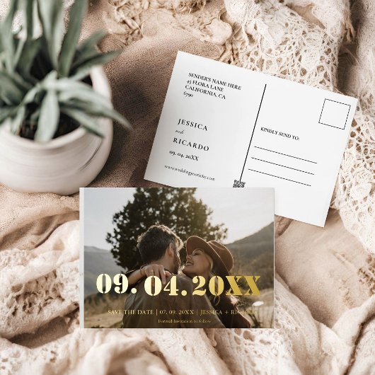 レタエレガントーはっきりしたフォトウェディング日付を保存 箔招待状ポストカード