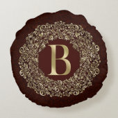 レタエレガントーB金ゴールドと赤ダマスクモノグラム ラウンドクッション (裏面)