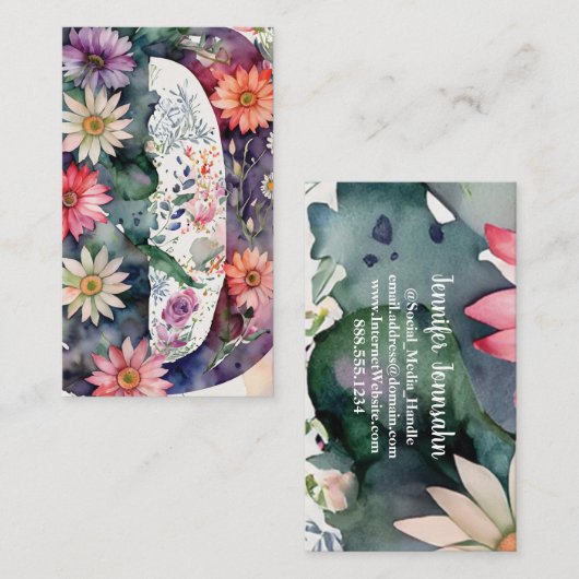 レタモノグラムのーDシンプルシックフローラ水色 名刺 (正面/裏面)