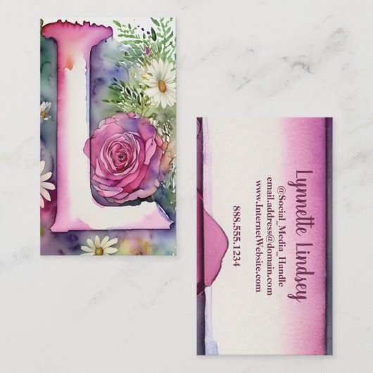 レタモノグラムのーLシンプルシックフローラ水色 名刺 (正面/裏面)