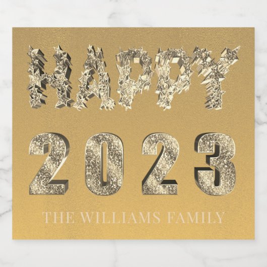 レタリングエレガントゴールデンスターズハッピーニューイヤー2023 スパークリングワインラベル (シングルラベル)