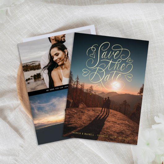 レタリングハート写真の保存日付金ゴールド 箔招待状