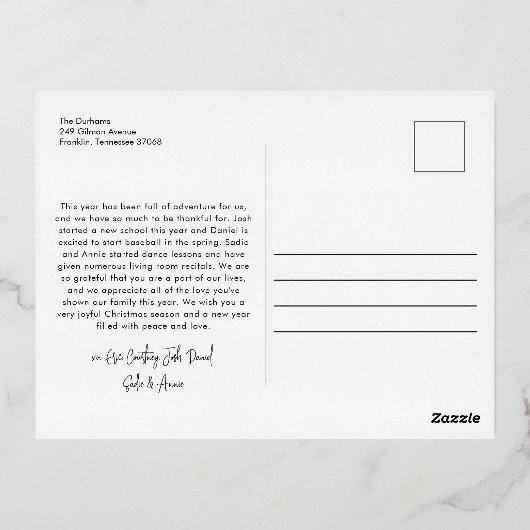 レタリングモダン5枚フォトハッピーホリデー 箔シーズンポストカード (裏面)