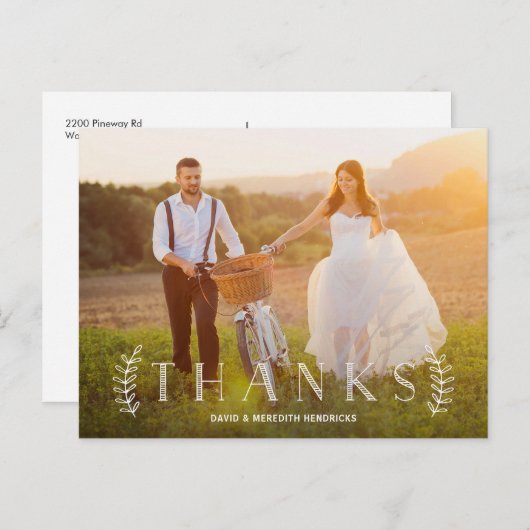 レタリング素朴ホワイトオーバーレイ写真ありがとう ポストカード (正面/裏面)
