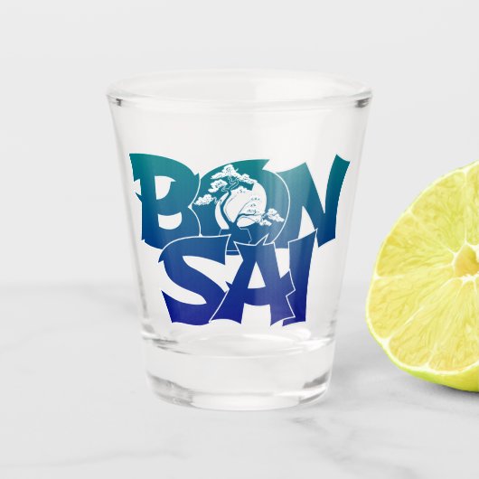 レタリング「盆栽」と盆栽ショットグラス ショットグラス (正面)