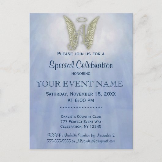 レターアエンジェルモノグラム招待状 ポストカード (正面)