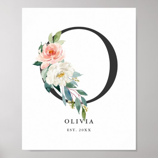 レターオモノグラムウォーターカラーピーチ花模様子供部屋 ポスター (正面)