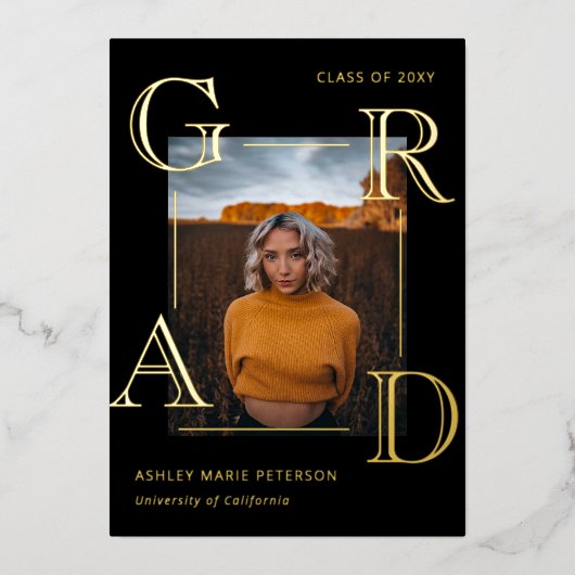 レターズモダンラード黒金ゴールド写真卒業 箔招待状 (正面)