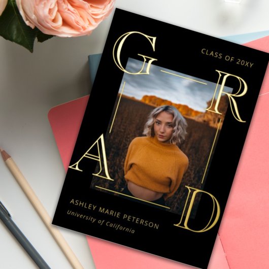 レターズモダンラード黒金ゴールド写真卒業 箔招待状