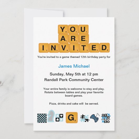 レタータイルブルー誕生日招待状 招待状 (正面)