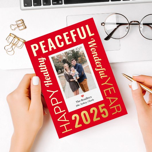 レターフレームフォイルモダンハッピーニューイヤーフォトカード 箔シーズンカード