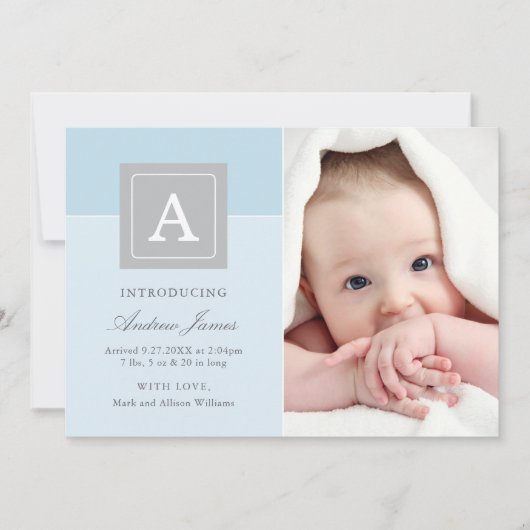 レターブエレガントロック男の赤ちゃんフォトブルー誕生 案内状 (正面)