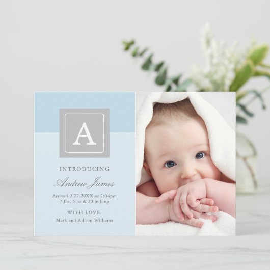 レターブエレガントロック男の赤ちゃんフォトブルー誕生 案内状 (スタンド正面)