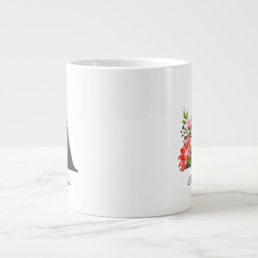 レターブラックモノグラムフローラ赤紫色の緑 ジャンボコーヒーマグカップ (正面)