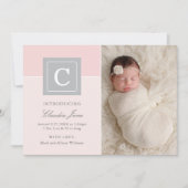 レターブロックエレガントベビーガールフォトピンク誕生 案内状 (正面)