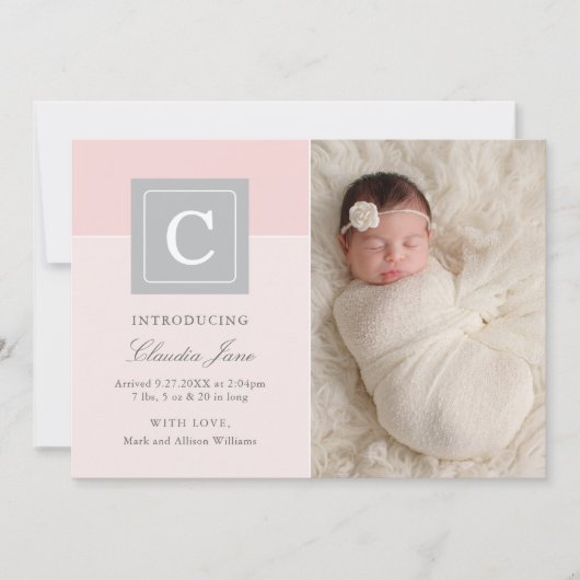 レターブロックエレガントベビーガールフォトピンク誕生 案内状 (正面)