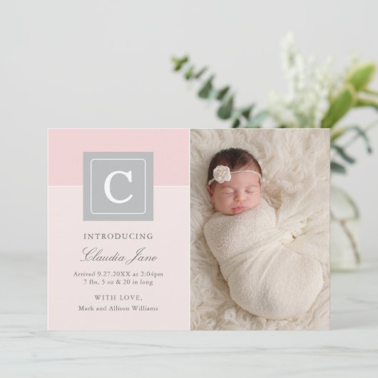 レターブロックエレガントベビーガールフォトピンク誕生 案内状 (スタンド正面)