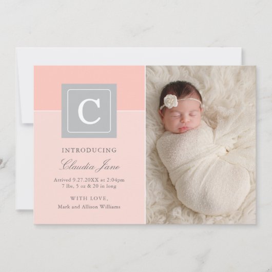 レターブロックエレガントベビーガールフォト赤面誕生 案内状 (正面)