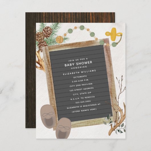 レターボードアントラーウッドランドボーイベビーシャワー 招待状 (正面/裏面)