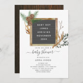 レターボードウッドランド〔雄ジカの〕枝角ズベビーシャワー 招待状 (正面/裏面)