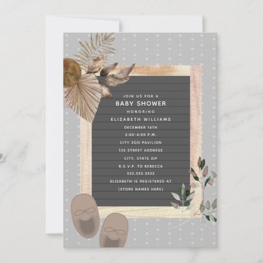 レターボードベビーシューズボホボタニカルベビーシャワー  招待状 (正面)