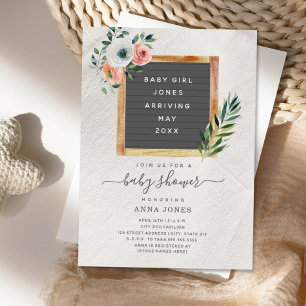レターボードボホフローラガールベビーシャワー招待 招待状