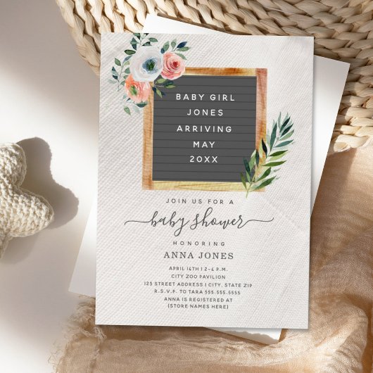 レターボードボホフローラガールベビーシャワー招待 招待状