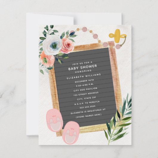 レターボード靴おしゃぶりフローラ女子ベビーシャワー 招待状 (正面)