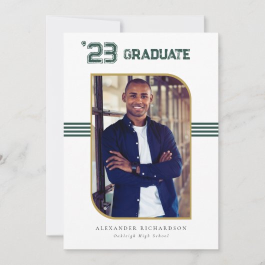 レターマン大学 |グリーン&金ゴールド卒業写真 案内状 (正面)