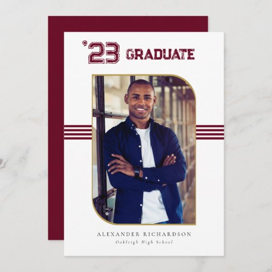 レターマン大学 |レッド&金ゴールド卒業写真 案内状 (正面/裏面)