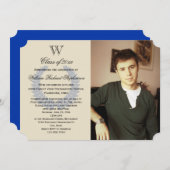 レターモノグラム独身のブルー写真卒業 招待状 (正面/裏面)