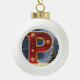 レターＰ　クリスマス　パイン　ツリー　パーソナライズド　イニシャル セラミックボールオーナメント