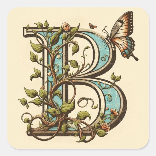 レターBバタフライエレガント自然インスパイア- スクエアシール (正面)