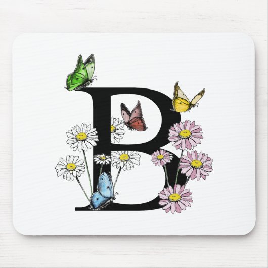 レターBフローラ水彩バタフライモノグラム マウスパッド (正面)