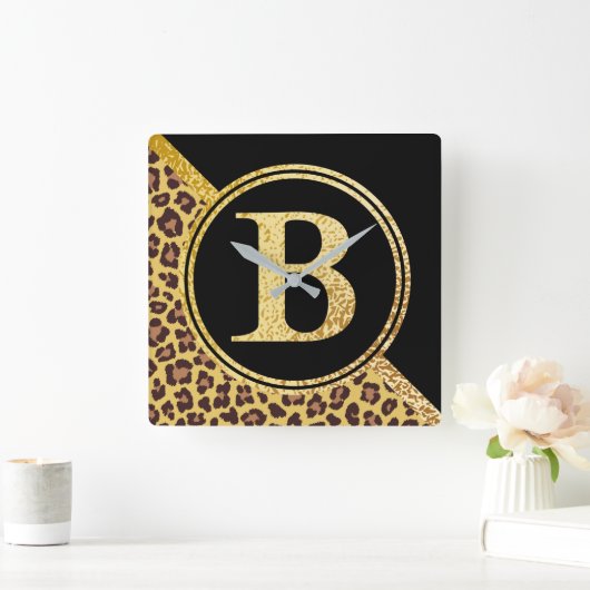 レターBモノグラムレオパード印刷金ゴールドとブラック スクエア壁時計 (ホーム)