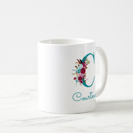 レターCティール（緑がかった色）ピンクフローラ コーヒーマグカップ (正面右)