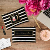 レターDフローラモノグラム白黒金ゴールドストライプ アクセサリーポーチ