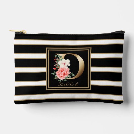 レターDフローラモノグラム白黒金ゴールドストライプ アクセサリーポーチ (正面)