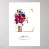 レターEモノグラムフローラネイビーブルーとブルゴーニュ ポスター (正面)