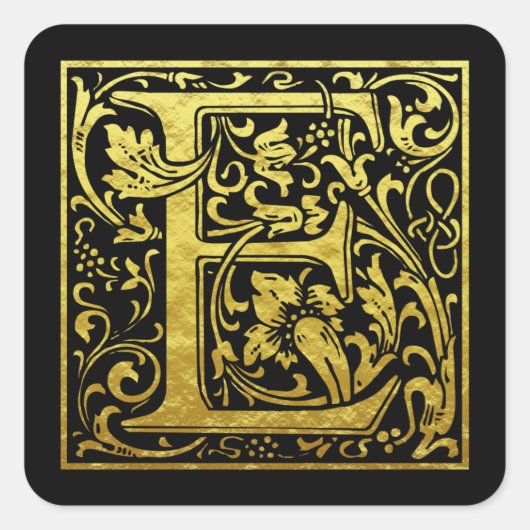 レターE先頭文字フェイク金ゴールド黒 スクエアシール (正面)