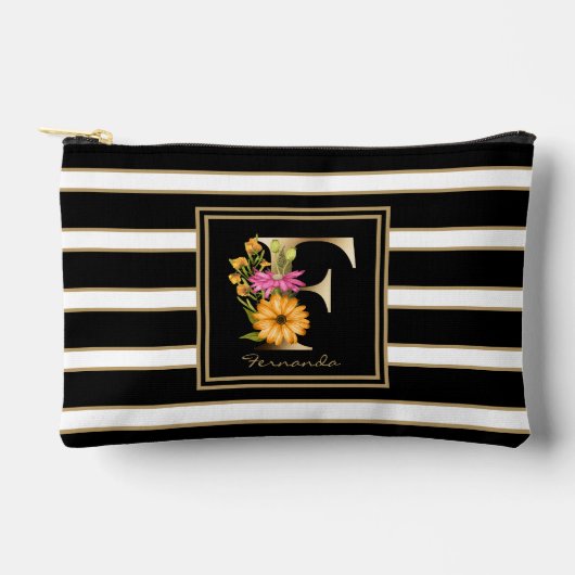 レターFフローラモノグラム白黒金ゴールドストライプ アクセサリーポーチ (正面)
