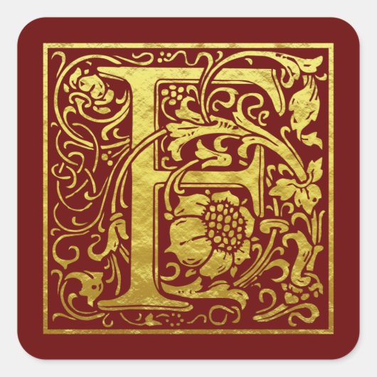 レターF先頭文字フェイク金ゴールド赤 スクエアシール (正面)