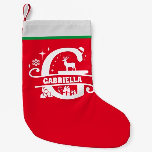 レターGクリスマスモノグラムイニシャル名レッドホワイト スモールクリスマスストッキング (正面)
